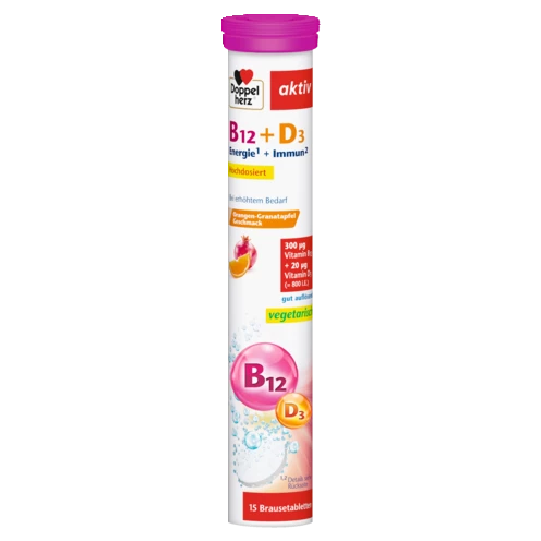 Abbildung der Produktverpackung Doppelherz aktiv Vitamin B12 + D3 Brausetabletten Frontansicht